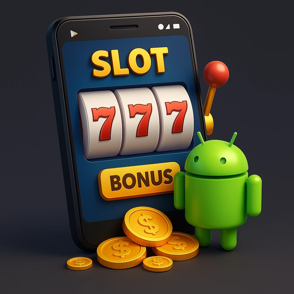 Ilustrasi 3D aplikasi slot Android dengan bonus besar dan visual modern.