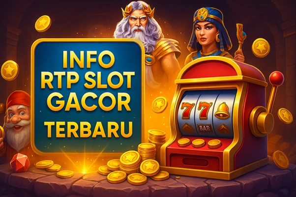 Ilustrasi 3D slot machine merah emas dengan karakter dewa Zeus, ratu Mesir, dan kurcaci emas, menampilkan teks Info RTP Slot Gacor Terbaru dengan latar harta karun.