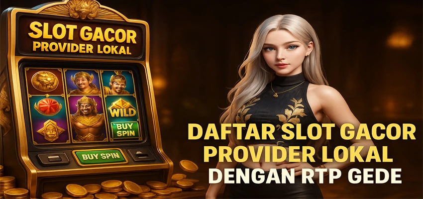 Gambar 3D slot gacor provider lokal dengan mesin slot emas, karakter lokal, tombol buy spin, dan wanita elegan berambut perak di latar kasino mewah.