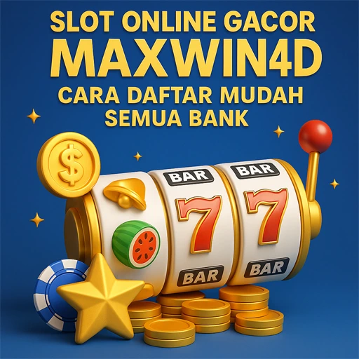 3D slot machine illustration featuring Slot Online Gacor Maxwin DELUNA4D with golden coins, RTP high win symbols, and all-bank registration banner